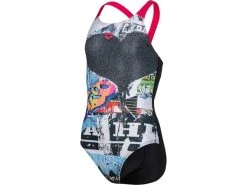 Arena Placement Mädchen Badeanzug New V Back - 128 Black/freak Rose